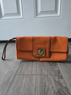 Banana Republic Orange Lizard Embossed Leather Clutch Wristlet Gold Turn Lock